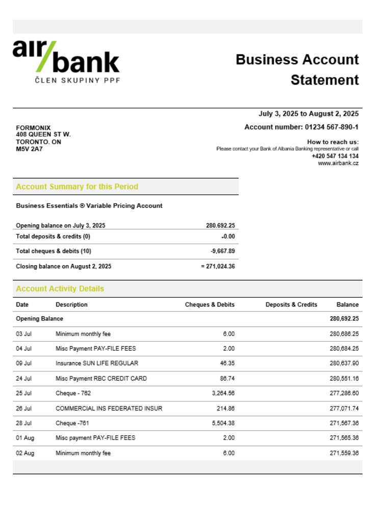Download Air bank business organization checking  statement Word and PDF format Photoshop template